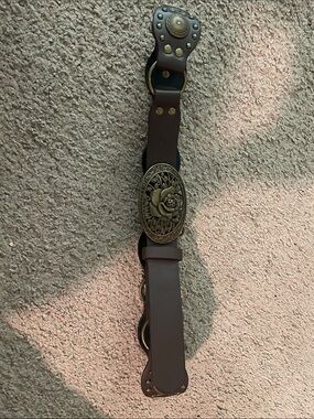 Brown Leather Women's Belt with Ornate Floral Brass Buckle